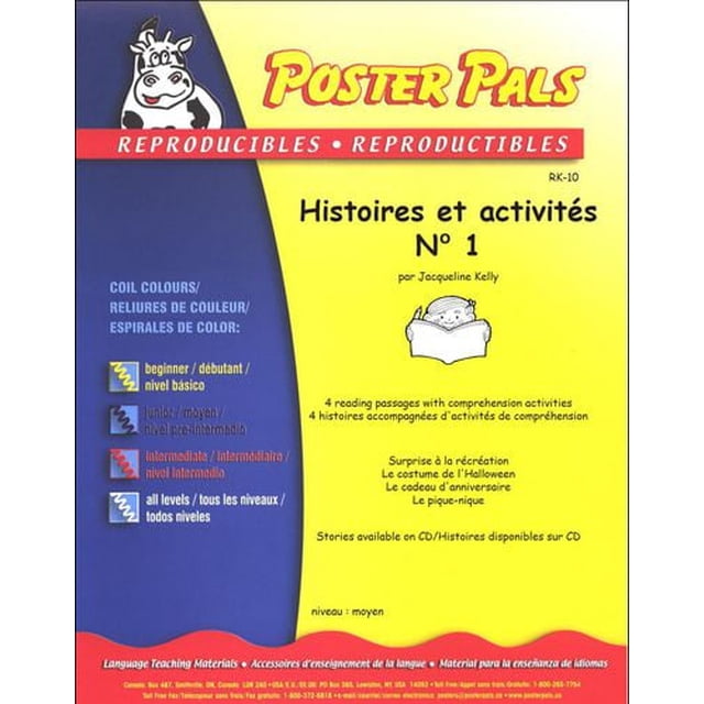 Poster Pals French (Fsl) Stories & Activities No.1 Classroom Reproducible Masters cover featuring a yellow and blue background with a cartoon cow logo, displaying four intermediate-level French reading passages and comprehension activities designed as teaching aids for classroom supplies, including stories about Halloween costumes and birthday gifts.