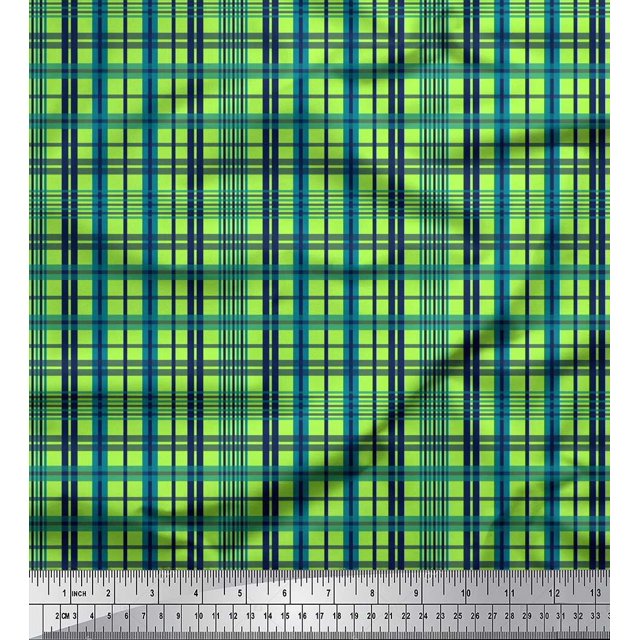 Soimoi Green Cotton Voile Fabric Check Check Print Fabric by the Yard 42 Inch Wide