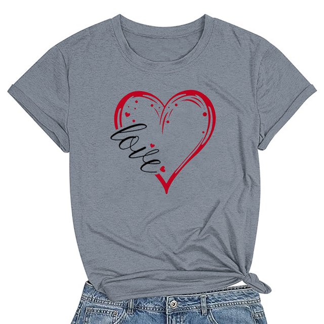 Meichang T-Shirts de la Saint-Valentin pour Femmes Mignons avec Cœur d'Amour T-Shirts Graphiques de Fête Manches Courtes Hauts Col Rond Coupe Ample T-Shirts Tendance T-Shirts