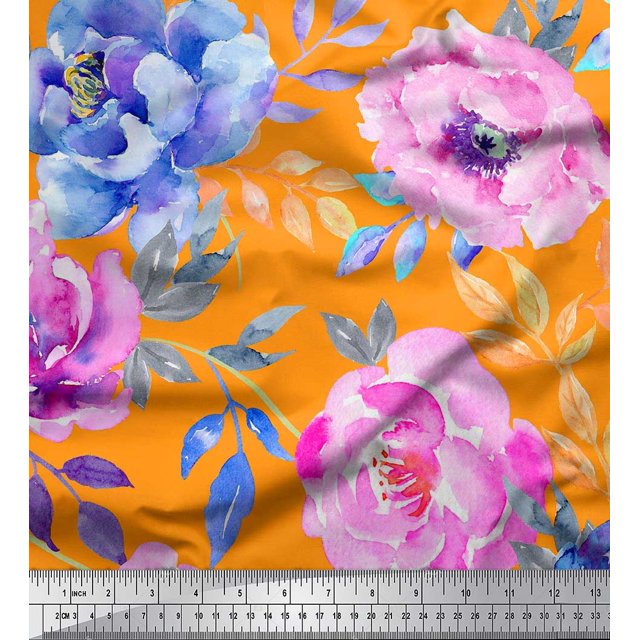 Soimoi Orange polyester Crepe Fabric Leaves & Floral Print Sewing Fabric BTY 52 Inch Wide