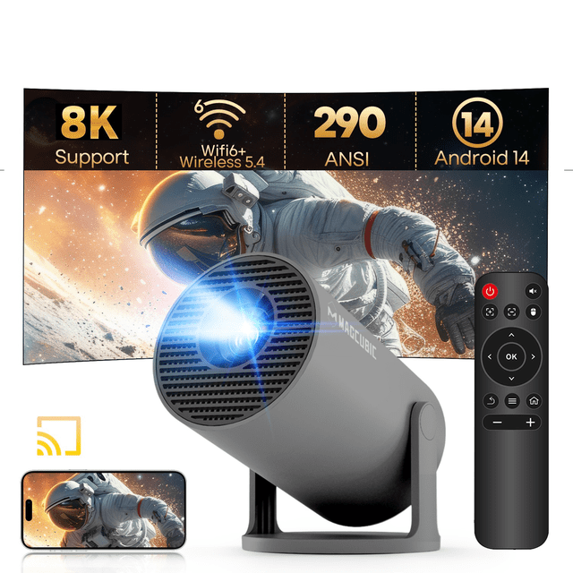 Magcubic Projector with WiFi 6 and BT 5.4, Mini Portable Projecteur with Auto Keystone, 8K Support, 290 ANSI, 180 Degree Rotation, Built-in Apps, Smart Projector for Outdoor Movie Bedroom HY300Pro