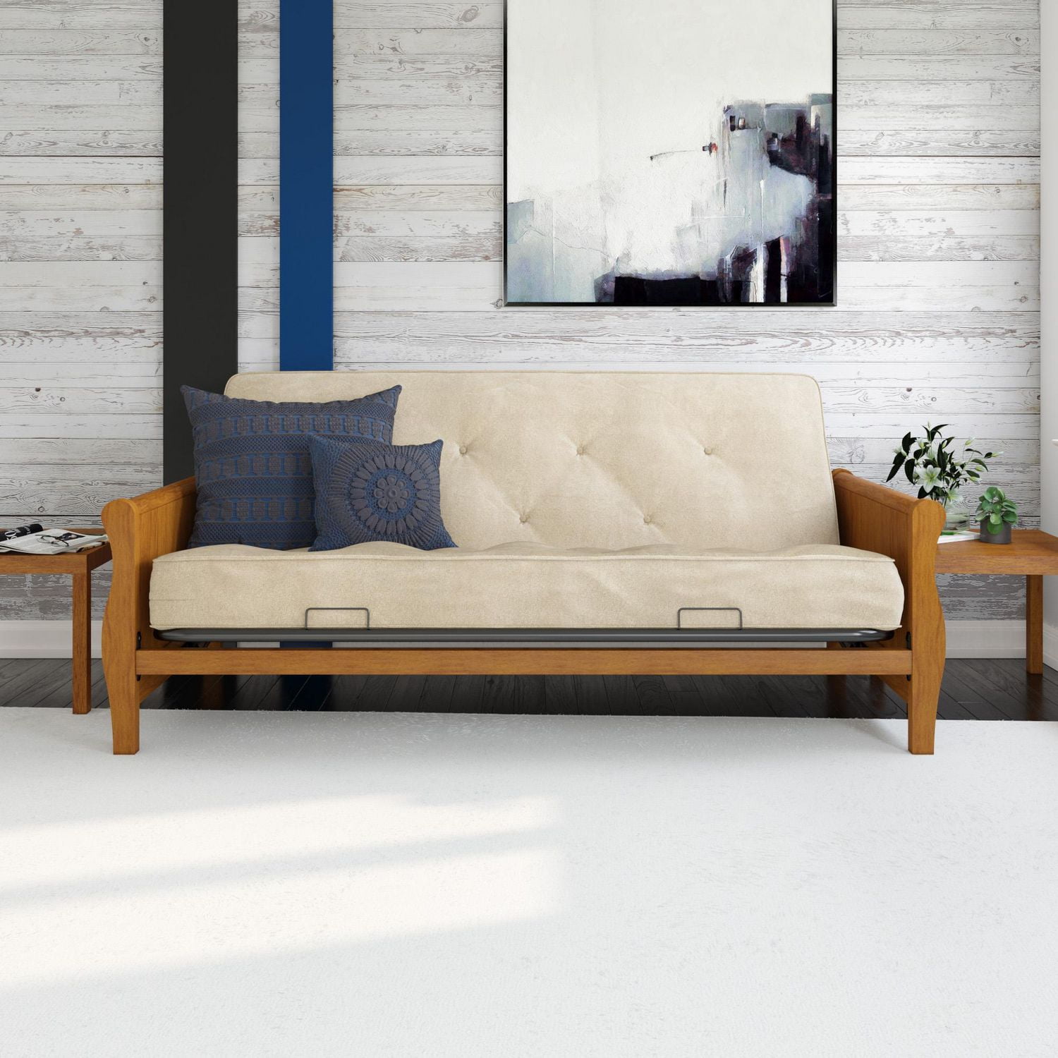 DHP Wood Arm Futon with Walnut Wood Finish