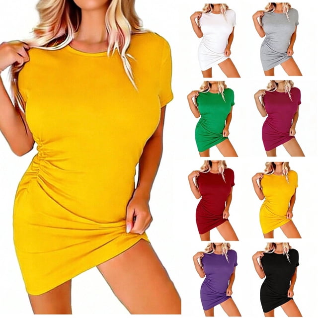 QIUOMBBP Robes T-Shirts Mini pour Femmes à Manches Courtes, Robe Moulante Ligne A, Grande Taille, Robe d'Été Décontractée pour Fête, Rose Vif, TTTG