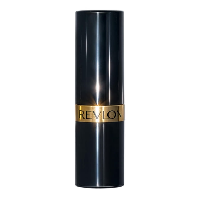 Revlon Super Lustrous Pearl Lipstick in a black cylindrical tube with a gold band featuring the Revlon logo, formulated with 80% conditioning ingredients and microfine pigments for creamy, rich, lightweight lip colour.