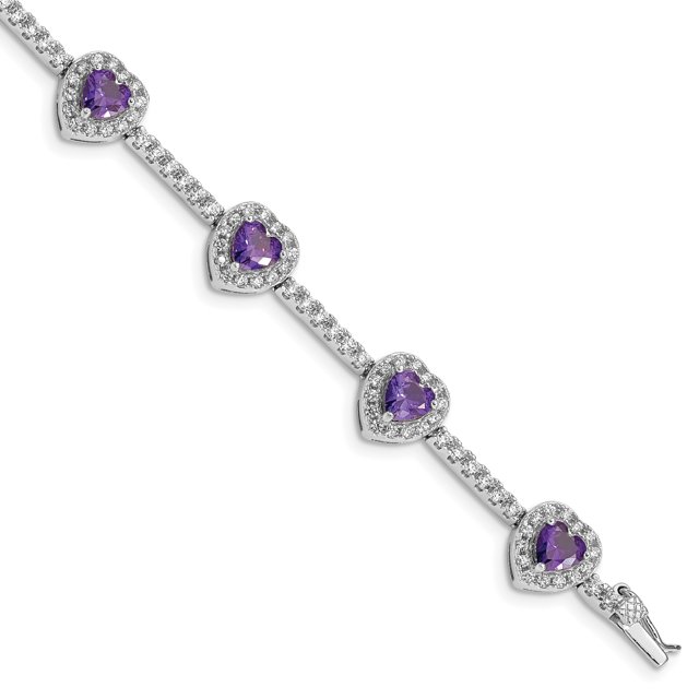 925 Sterling Silver Rhodium-plated Amethyst and Clear Cubic Zirconia Heart Bracelet