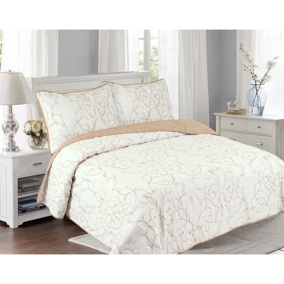 Marina Decoration Embroidered Stitching Coverlet Bedspread Ultra Soft Solid Bedding Summer Quilt Set with Quilted Sham, Gold Branch Pattern