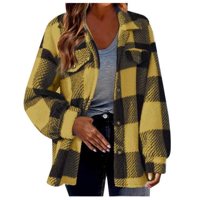 Timegard Womens Jacket Plus Size Plaid Stand Collar Button down Fleece Hooded Jacket Winter Fuzzy Warm Coat