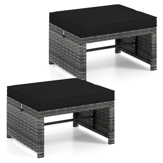 Costway Patio Ottomans Set of 2 PE Rattan Footstools with Removable Cushions & Metal Frame Black