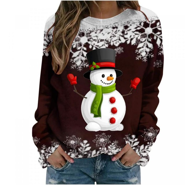 Femmes Pulls- Pull Drop Épaule Col Rond Manches Longues Noël Tricot Sweat-Shirts Floraux Décontractés Tops pour Automne/printemps/hiver Rouge L