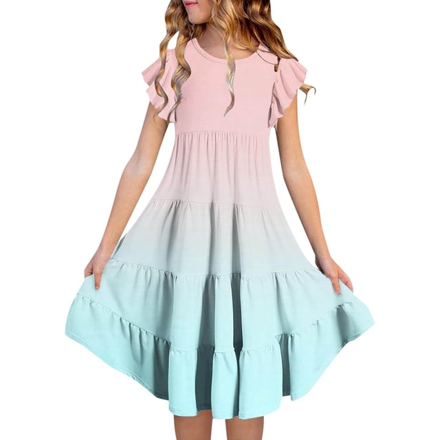 HNMKIU Robes pour Petite Fille à Manches Longues Robe d'Été Dégradé Décontractée et Confortable pour Filles (6 15 Ans) Rose Pâle,6-7 Ans
