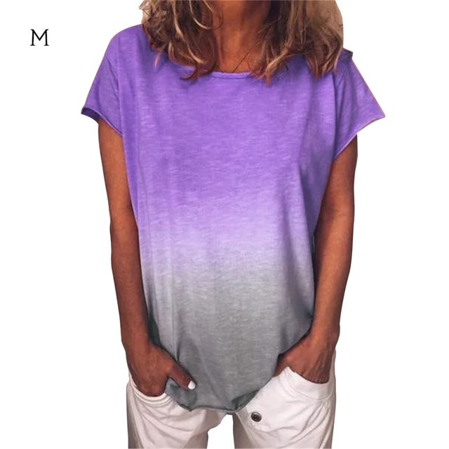 T-Shirt pour Femme à Manches Courtes, Col Rond, Haut Dégradé, T-Shirt Décontracté, T-Shirt, Violet, M