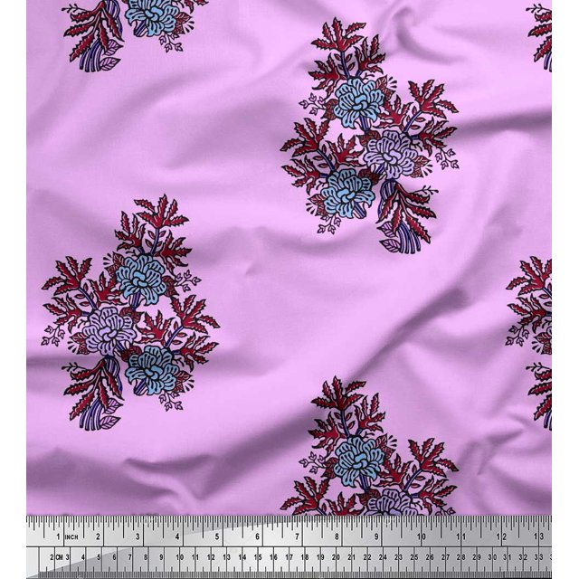 Soimoi Velvet Fabric Leaves & Floral Block Printed Fabric 1 Yard 58 Inch Wide