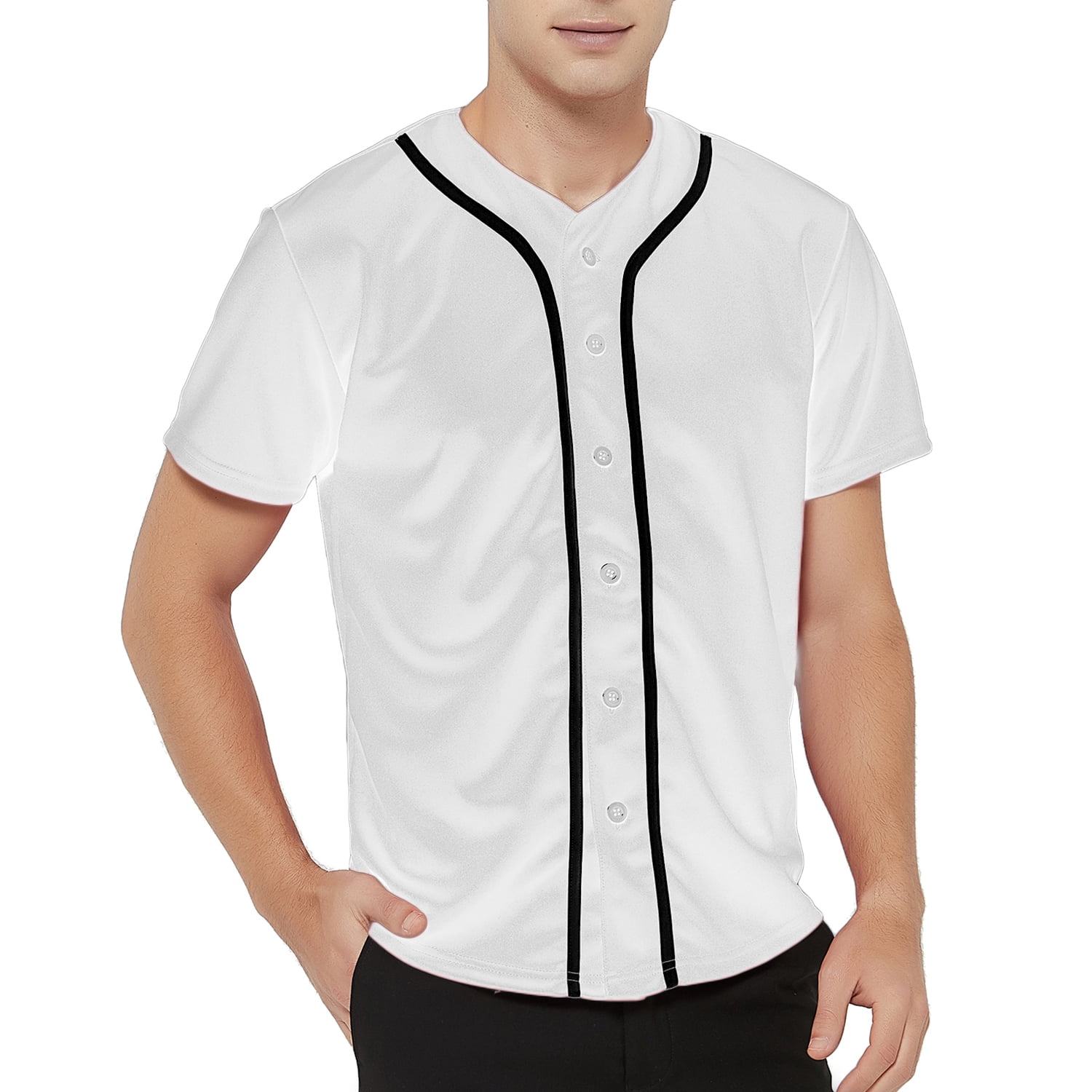 TOPTIE Men's Baseball Jersey Plain Button Down Shirts Team Sports Uniforms-white black-L