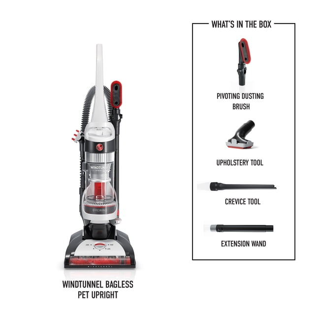 Hoover Windtunnel Cord Rewind Pet Upright Vacuum with clear bagless dustbin and red accents, front-facing with attached hose. Includes pivoting dusting brush, upholstery tool, crevice tool, and extension wand for versatile whole-home cleaning.