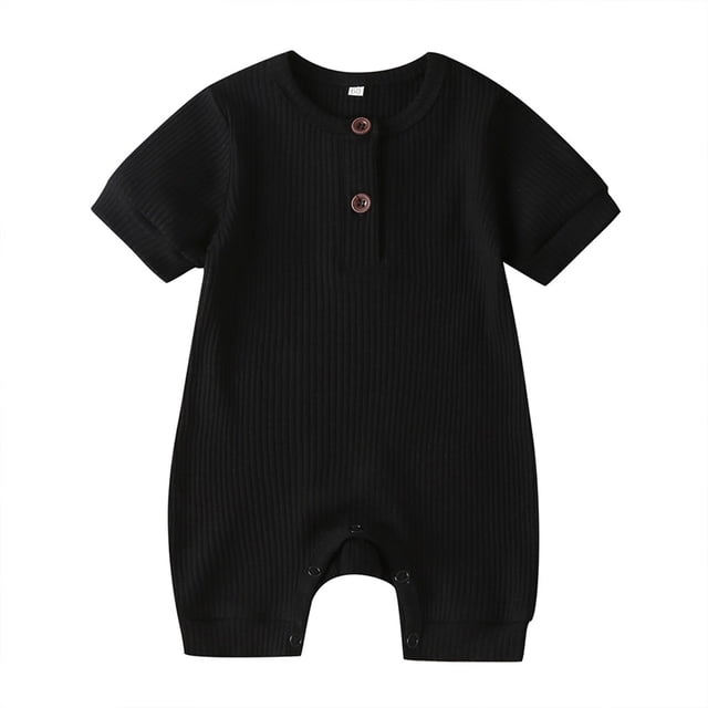 Wangsaura Newborn baby short-sleeved solid color knitted ribbed buttonjumpsuit
