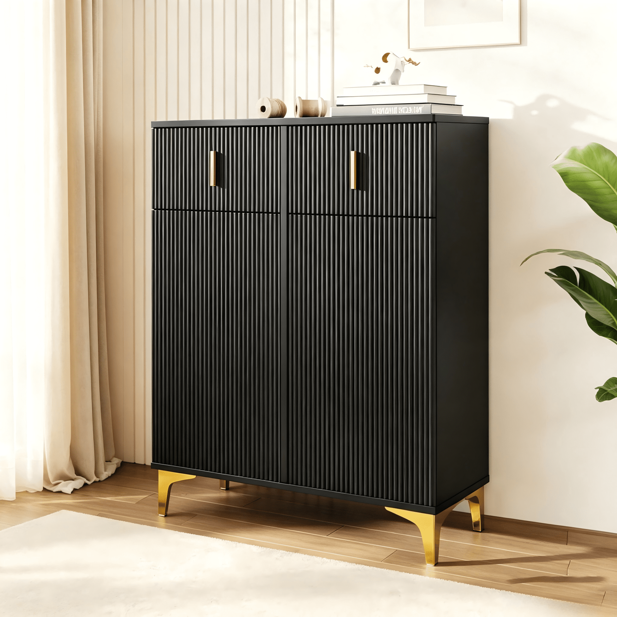 Homy Casa armoire de rangement noire avec 2 tiroirs, portes à fermeture douce et accents dorés