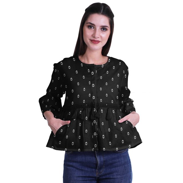 Moomaya T-Shirt à Col Rond pour Femmes à Manches Évasées, Haut Court en Coton Imprimé, Haut Décontracté