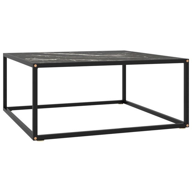 vidaXL Coffee Table Black with Black Marble Glass 80x80x35 cm. This square coffee table features a black tempered glass tabletop with a marble-like pattern and a sturdy powder-coated steel frame. Measuring 80 cm in length, 80 cm in width, and 35 cm in height, it offers a modern and practical addition to living rooms. The 5 mm thick glass surface is easy to clean and provides ample space for snacks, drinks, or decorative items. Assembly is required.