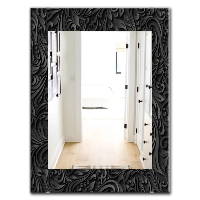 Designart « Obsidian Impressions 10 » Miroir Moderne - Miroir Mural - 28x40 avec un Cadre Rectangulaire Noir Présentant des Motifs Embossés Tourbillonnants Surélevés. le Miroir Reflète un Couloir Lumineux avec des Planchers de Bois Clair et des Murs Blancs, Idéal comme Miroir Mural Décoratif pour Améliorer l'Espace et la Lumière dans la Déco Moderne de la Maison.