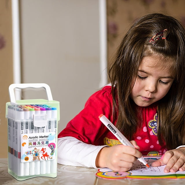 LSLJS Acrylic Marker set featuring 24 vibrant, washable, non-permeable watercolor pens in a large-capacity, stackable case. The image shows a child using one of the markers to color a drawing, with the compact and portable marker case placed nearby. Ideal for students, children, and artists for various art and craft projects.