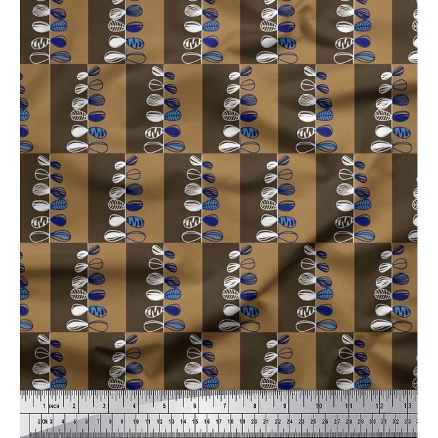 Soimoi polyester Crepe Fabric Check & Leaves Artistic Printed Craft Fabric by the Yard 52 Inch Wide
