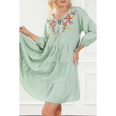 FOLUNSI Elegant Green Floral Tiered Ruffle Dress