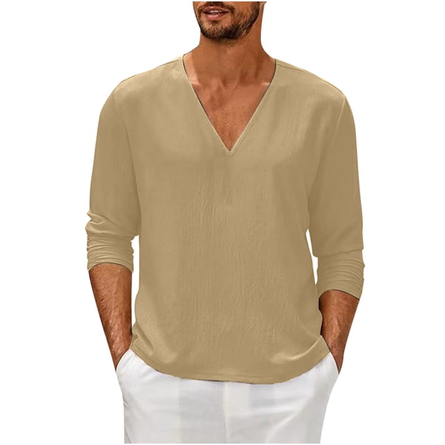 GigrtiJin Mens Long Sleeve T-Shirt Casual Fall V Neck Solid Color Tops Blouses Plus Size Basic Pullover Undershirt