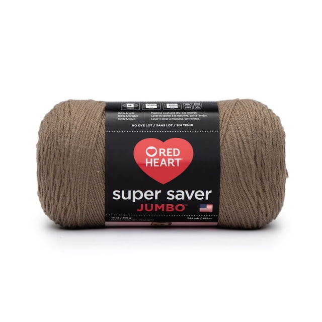 Red Heart® Super Saver® Jumbo Yarn, Acrylic #4 Medium, 14oz/396g, 744 Yards in taupe brown, a large skein with a black label featuring the Red Heart logo, product details, and care instructions, worsted weight acrylic yarn suitable for machine washing, ideal for knitting, crochet, and bulky projects.