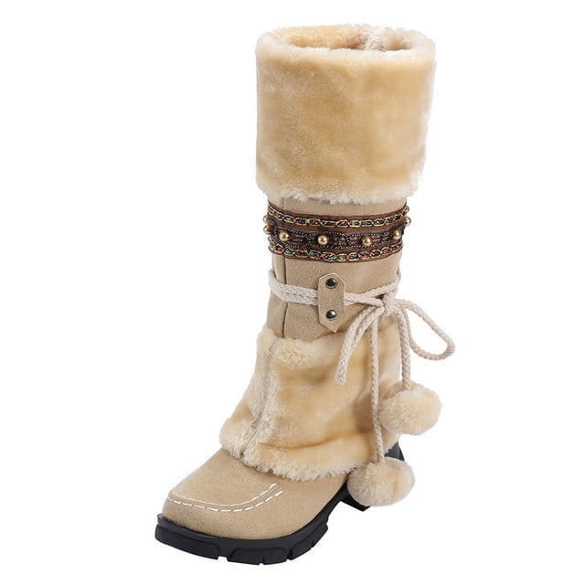Bottes d'Hiver pour Femmes Chaudes à Bout Haut Rétro à Talons Ronds Bottillons à Pompon Mi-Hauteur - à Enfiler pour un Confort Stylé par Temps Froid