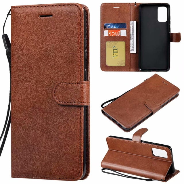 Samsung Galaxy A32 5G Wallet Case by Phonesmart, featuring a leather magnetic card slot wallet folio flip design. The case is crafted from premium soft synthetic leather in a brown finish, with multiple credit card slots, a pocket for bills, and a magnetic clasp for secure closure. It includes a TPU inner case for shock absorption and drop protection. The case also converts into a media stand and comes with a wrist strap for added convenience.