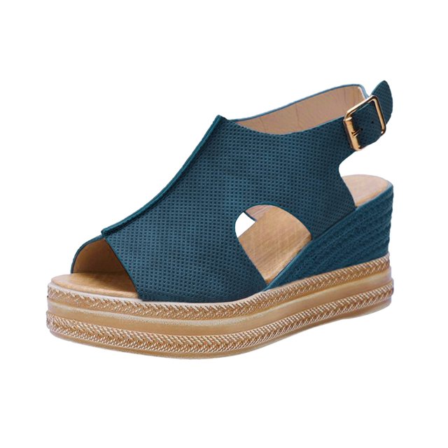 Kcodviy Ladies Solid Color Hollow Rope Sandals for Women Out Leather Open Toe Sandals for Women Wide Width Buckle Wedge Heel Sandals
