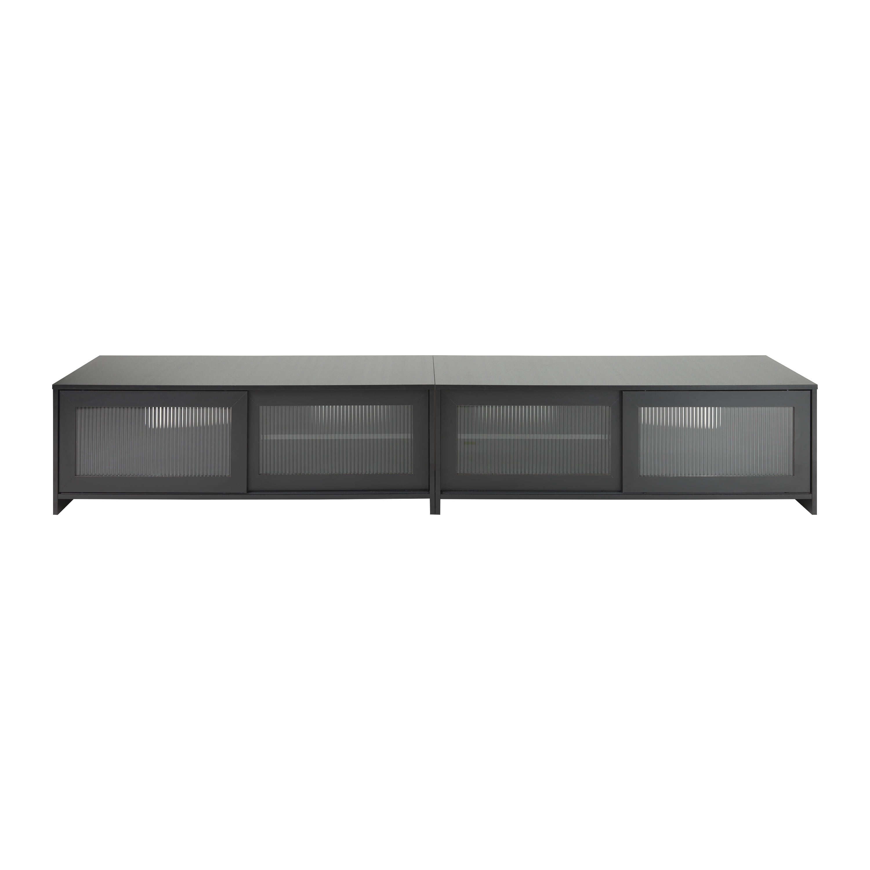 Meuble TV double modulaire CorLiving Ellis en bois d'ingénierie avec 4 portes vitrées cannelées, compatible avec la plupart des téléviseurs de plus de 95 pouces, noir