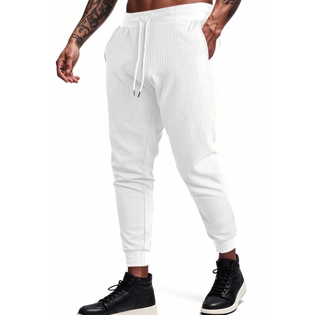 Men Casual Pants Elastic Waist Drawstring Solid Color Textured Trousers Lightweight Daily Long Pant with Pockets White XL