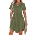 thumbnail image 1 of LOVZFMLL Robe d'Été Décontractée pour Femme à Manches Courtes, Col en V, Boutonnée, Robe de Plage pour Vacances et Voyages avec Poches, Vert Armée, TTG, 1 of 9