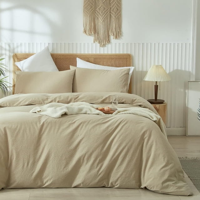 Washed Cotton Duvet Cover Set Linen Feel Natural Wrinkle Lightweight Comfy (King Linen)
