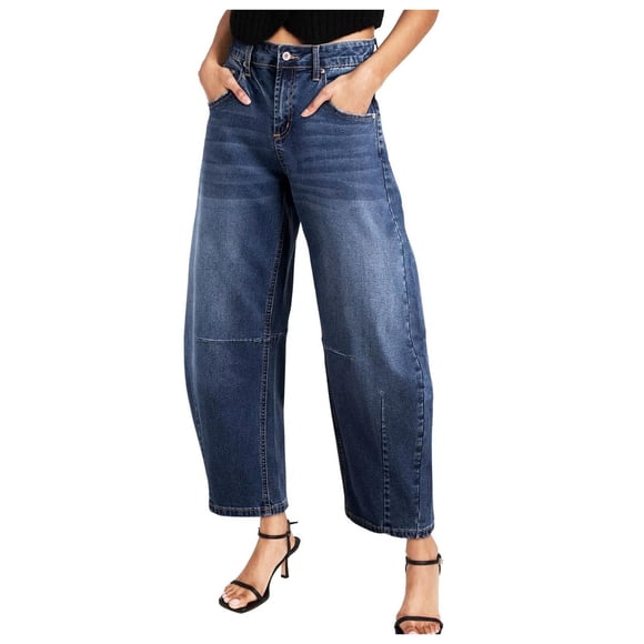 Wyzesi Ladies Jeans Size 6 Long Mid Rise Barrel Jeans for Women Wide Leg Mid Waist Cropped Denim Pants Baggy Boyfriend Jeans with Pockets
