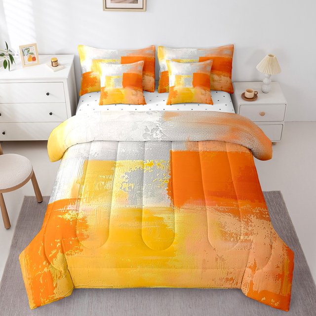 YST White Gray Orange 7-Piece Comforter Set, Queen – Oil Painting Ombre Gradient Design, Graffiti Abstract Bed In A Bag