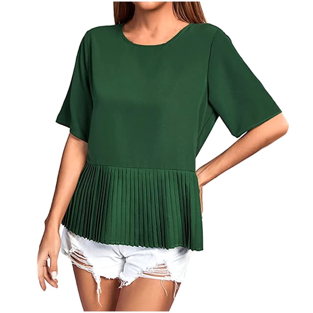 Timegard Hauts pour Femmes Plissés Col Rond Bouton Arrière Manches Courtes Blouse Décontractée Ample Couleur Unie Été