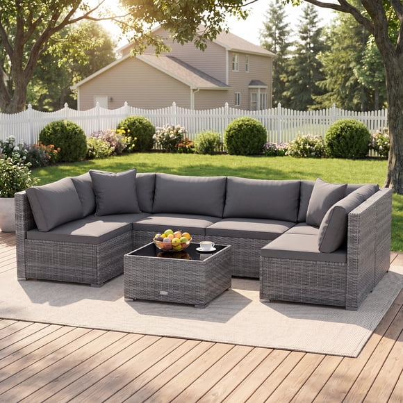 Costway Ensemble de Mobilier de Terrasse en Rotin 7 Pcs Canapé Sectionnel Coussiné Jardin Gris