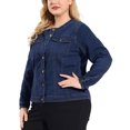 thumbnail image 4 of GRACE & GRANDEUR Juniors Plus Size Outfits Jean Long Sleeves Collarless Denim Jacket, 4 of 6