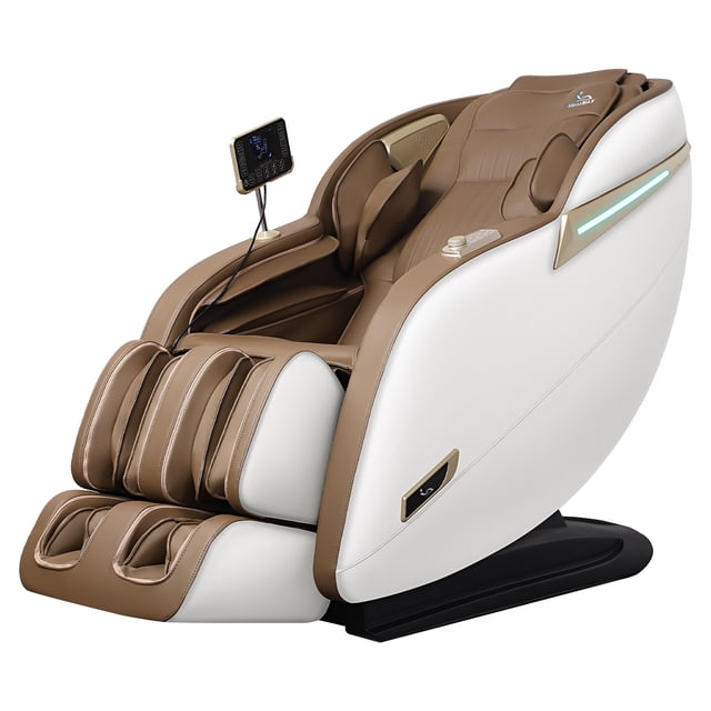 MassaMAX 2025 Version 3D Full Body Massage Chair in beige and brown, featuring zero gravity recline, SL track design, and heating function. The chair includes 3D massage rollers, full-body airbag massage, and built-in Bluetooth speakers. A touchscreen controller is attached for easy customization. The chair is designed for users up to 6.1 feet tall and supports a maximum weight of 300 lbs.