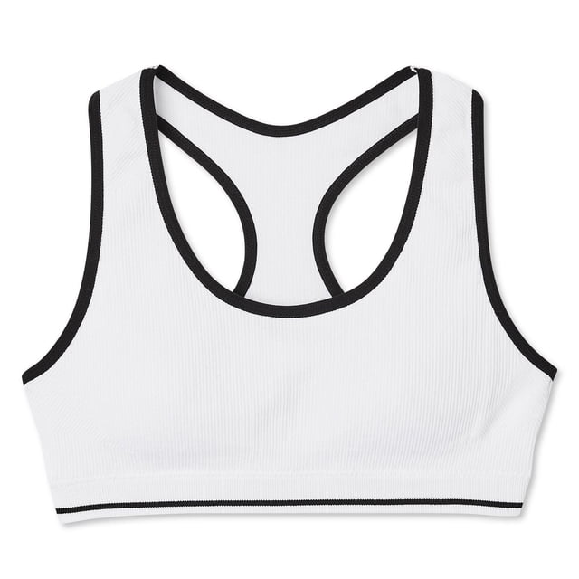 George Girls' Racerback Sports Bra in white with black trim, made of rib knit fabric with cotton and spandex, featuring a scoop neckline, elasticized band, and racerback design for support and breathability, ideal for sports practice or active wear.