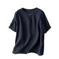 thumbnail image 1 of Timegard Tops for Women Trendy Round Neck Short Sleeve T Shirts Casual Button Solid Color Top, 1 of 3