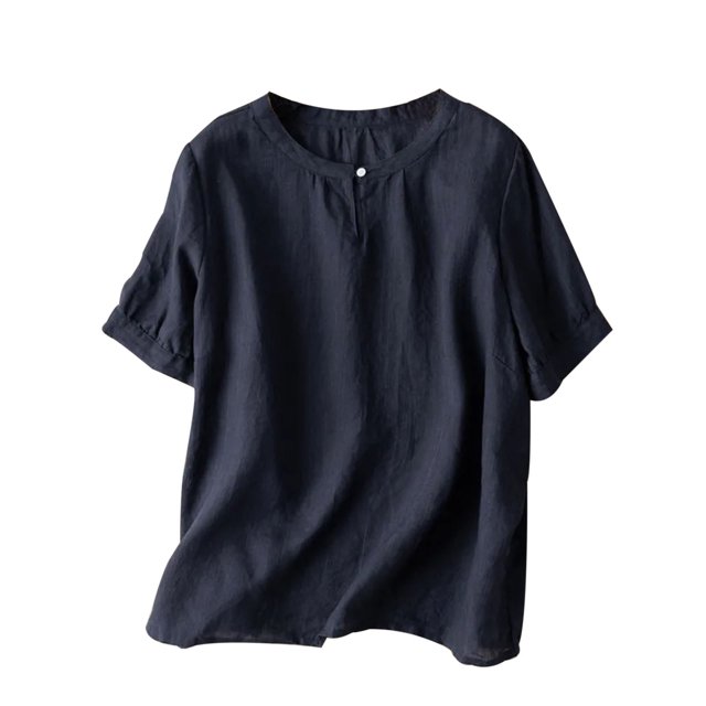 Timegard Tops for Women Trendy Round Neck Short Sleeve T Shirts Casual Button Solid Color Top