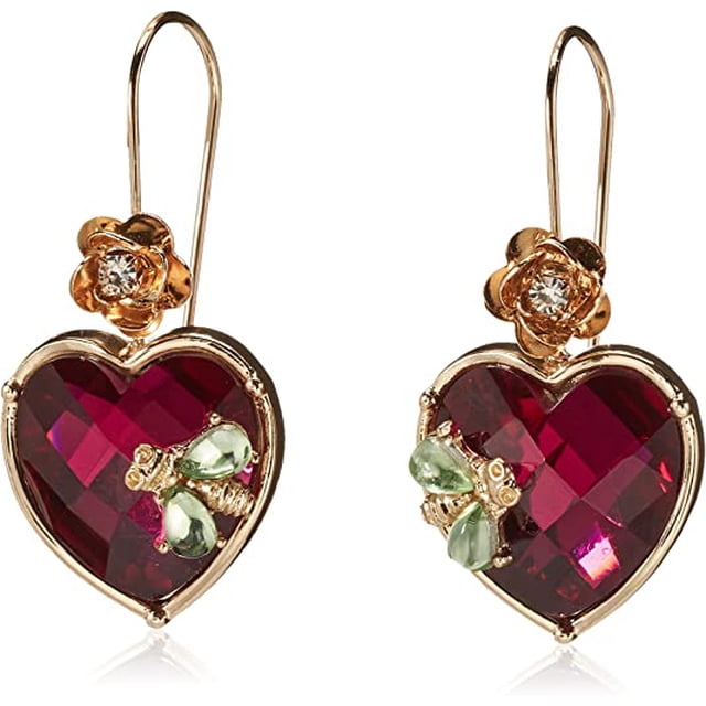 Hongchun Boucles d'Oreilles Pendantes en Forme de Cœur Johnson avec Pierres Roses Facettées en Forme de Cœur et accents Métalliques Ton Or. Ces Boucles d'Oreilles pour Femmes Ornent un Petit Détail de Créature et de Fleur, Serties de Crochets de Berger. Dimensions : 1,25 Pouces de Longueur et 0,75 Pouces de Largeur.