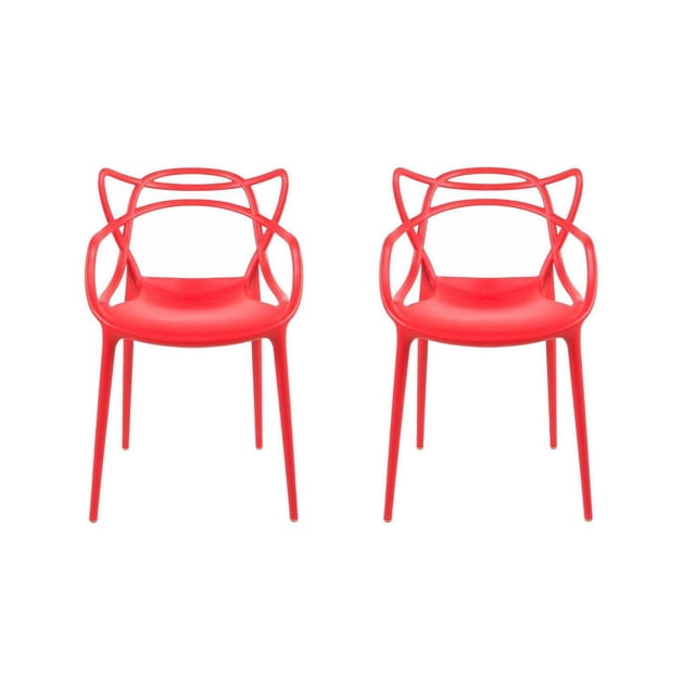 Heavenly Collection Plastic Dining Chair for Dining Area in red, showing two front-facing molded polypropylene chairs with ergonomic curved backrests and armrests, sturdy legs, ideal for kitchen or dining seating and suitable for office or café use.