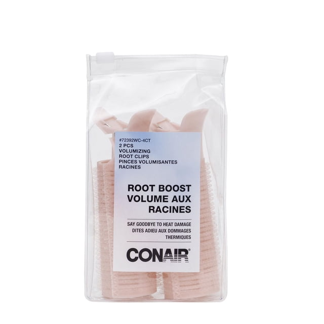 Conair 2 pk Volumizing Root Clips in a clear resealable pouch with two light pink clip-in rollers designed to add root volume without heat damage, suitable for styling blowouts and bangs, labeled in English and French.
