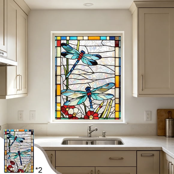 Lisbinx Stained Glass Window Film Privacy Cling, Floral Print Decorative PVC Glass Cover for Bathroom Bedroom, Semi-Transparent Light Filtering, 29.5 x 20 cm (1)