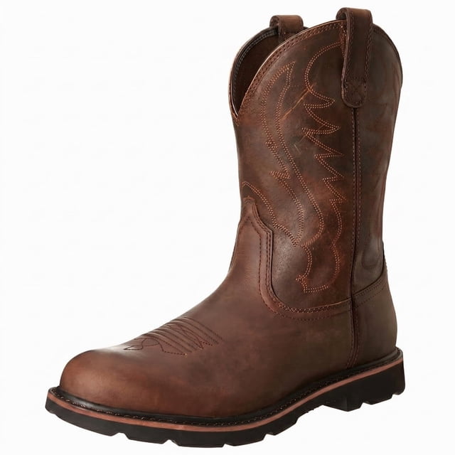 Bottes de Travail Western pour Hommes à Enfiler à Bout Rond, Bottes Décontractées d'Extérieur Mi-Mollet Brodées