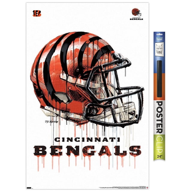 NFL Cincinnati Bengals - Affiche Murale Casque Goutte à Goutte 20 avec Cadre Magnétique, 22,375 Pouces x 34 Pouces Montrant une illustration Centrée et Orientée vers l'Avant d'Un Casque de football orange des Cincinnati Bengals avec des Rayures de Tigre Noir et un Masque Facial Noir, Effets de Goutte à Peindre en Dessous, et Texte Audacieux et Usé Lisant les Cincinnati Bengals sur Fond Blanc, Convient à la Déco de Chambre de fan de sports.